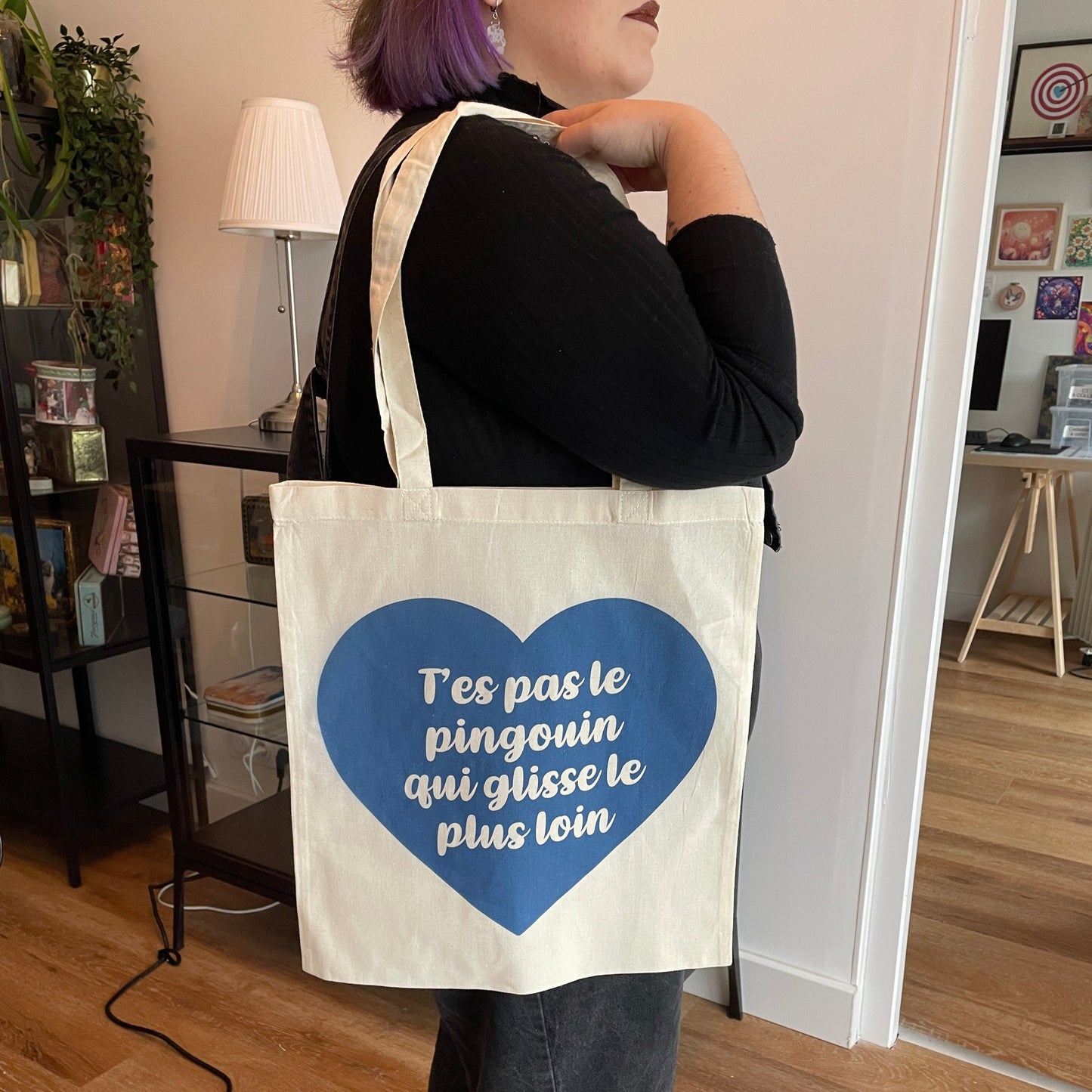 Tote bag en coton "T'es pas le pingouin qui glisse le plus loin"