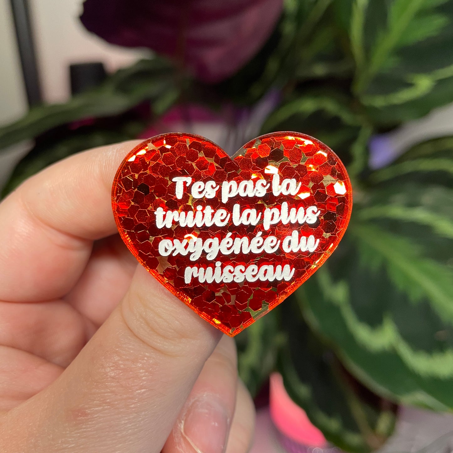 Broche "T'es pas la truite la plus oxygénée du ruisseau" en acrylique semi transparente avec des confettis rouges