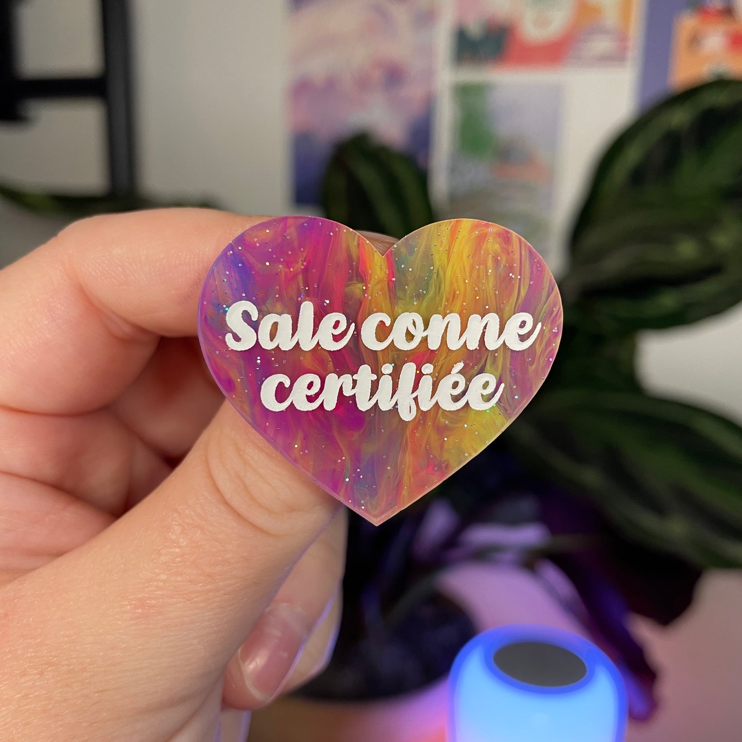Broche "Sale conne certifiée" en acrylique marbrée multicolore