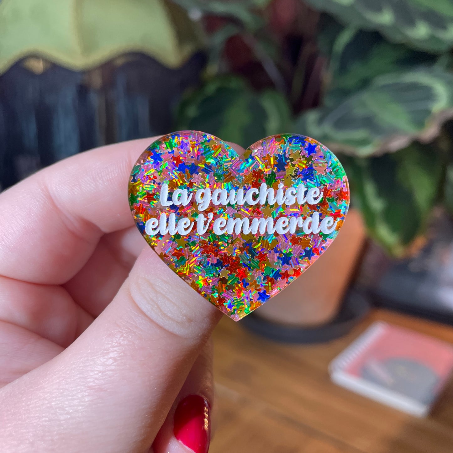 Broche "La gauchiste elle t'emmerde" en acrylique semi transparente avec des étoiles multicolores