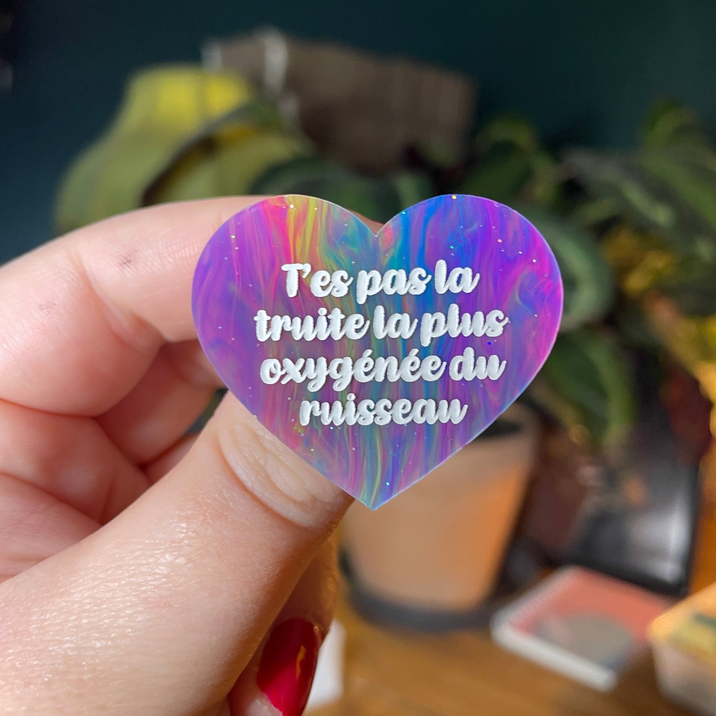 Broche "T'es pas la truite la plus oxygénée du ruisseau" en acrylique semi transparente marbrée multicolore