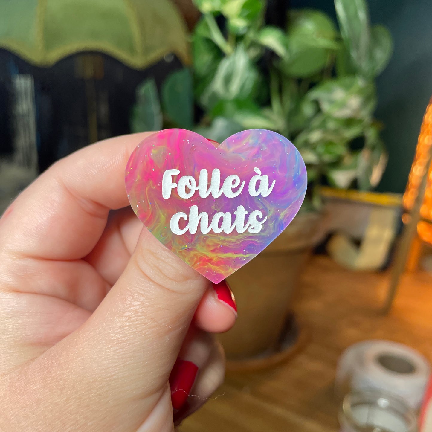 Broche "Folle à chats" en acrylique semi transparente marbrée multicolore