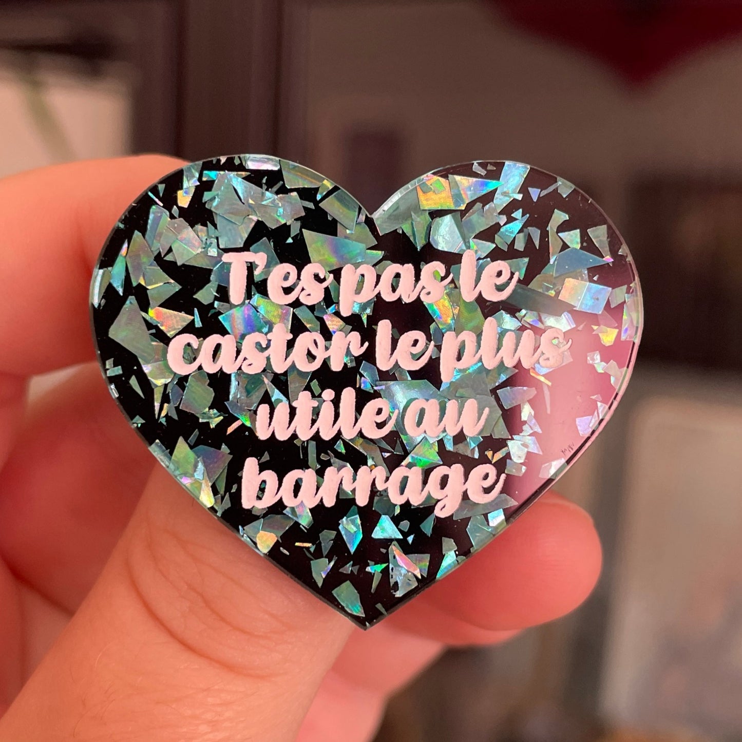Broche "T'es pas le castor le plus utile au barrage" en acrylique noire avec des éclats de confettis turquoise
