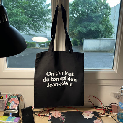 Tote bag en coton noir "On s'en fout de ton opinion Jean-Kévin"
