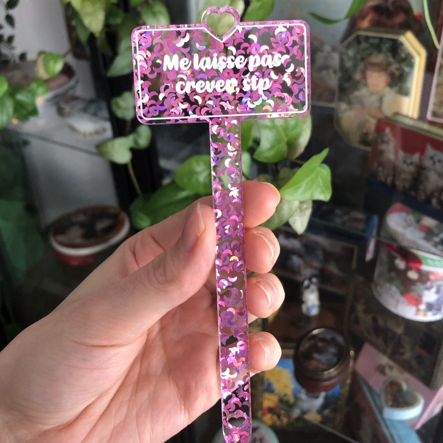 [CONTRÔLE TECHNIQUE] Pic à plante "Garde-moi bien humide" en acrylique transparente à confettis lunes roses iridescentes