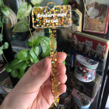 Pic à plante "Bouture-moi le cul" en acrylique transparente à confettis étoiles