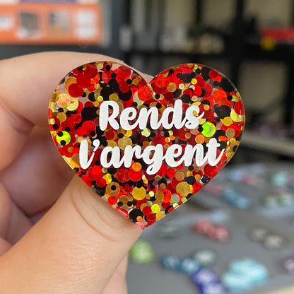 Broche "Rends l'argent" en acrylique semi-transparente à pois rouges, dorés et noirs