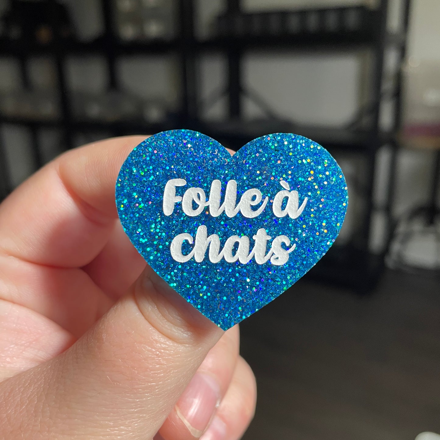 [CONTRÔLE TECHNIQUE] Broche "Folle à chats" en acrylique à paillettes bleues
