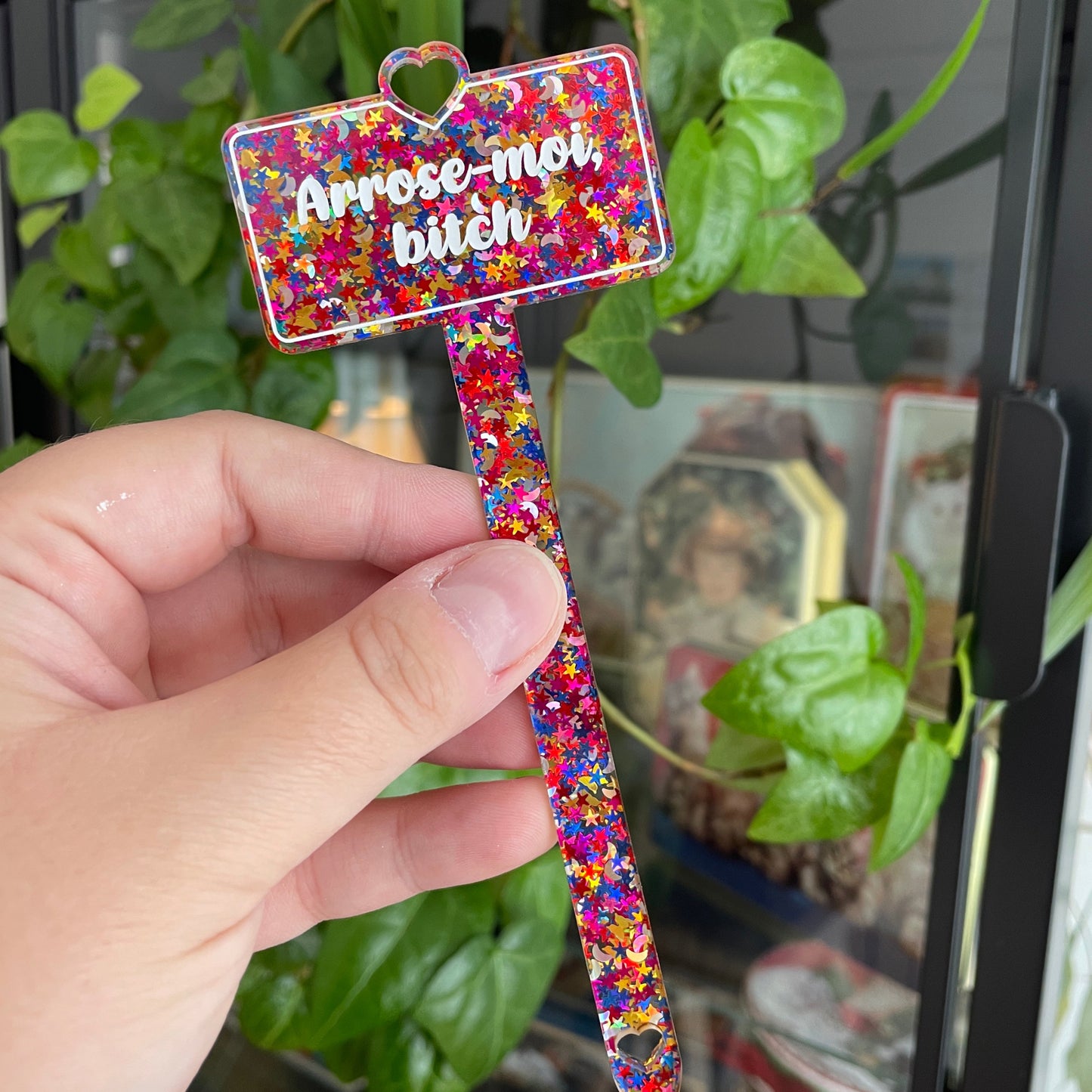 Pic à plante "Arrose-moi, bitch" en acrylique avec des confettis multicolores