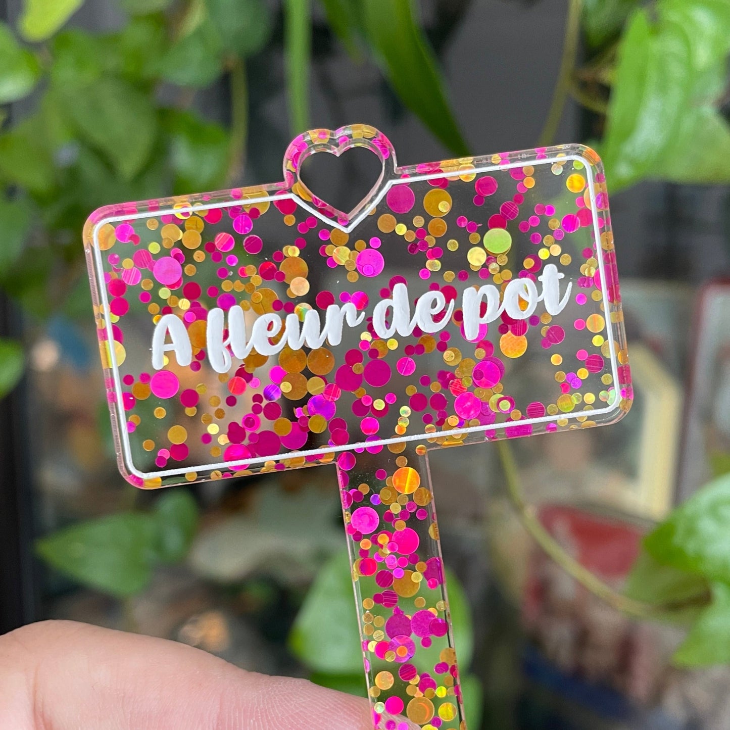 [CONTRÔLE TECHNIQUE] Pic à plante "A fleur de pot" en acrylique transparente avec pois jaunes et roses