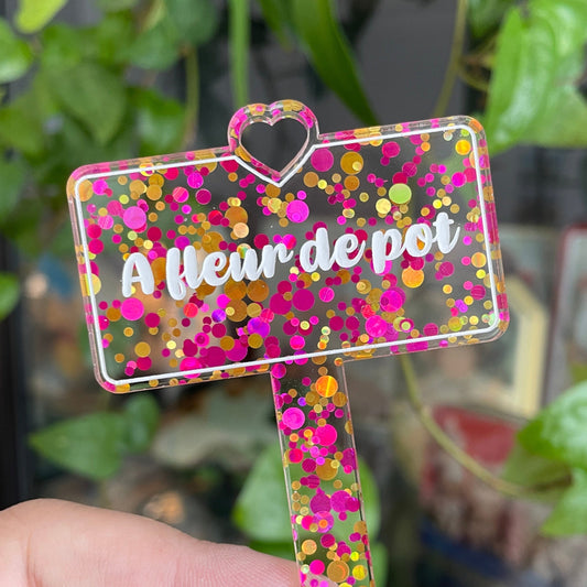 [CONTRÔLE TECHNIQUE] Pic à plante "A fleur de pot" en acrylique transparente avec pois jaunes et roses