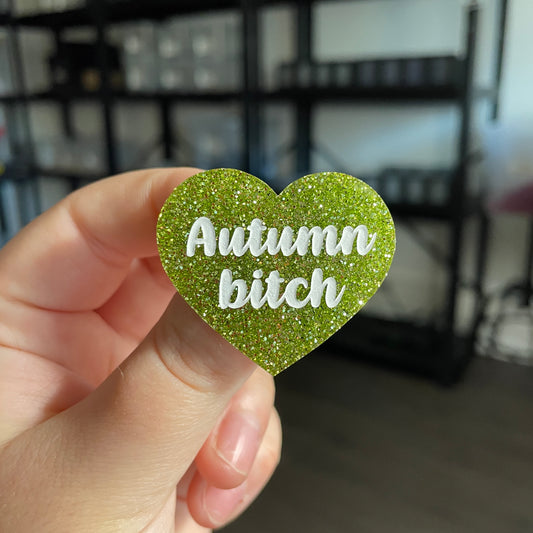 Broche "Autumn bitch" en acrylique à paillettes vertes