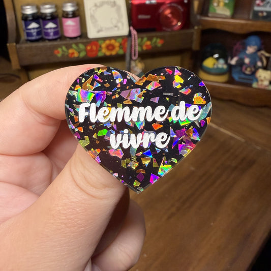 [Contrôle technique] Broche "Flemme de vivre" en acrylique noire avec des éclats de confettis multicolores