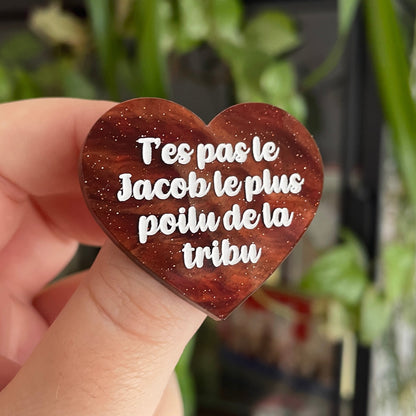 Broche "T'es pas le Jacob le plus poilu de la tribu" en acrylique marbrée marron à paillettes