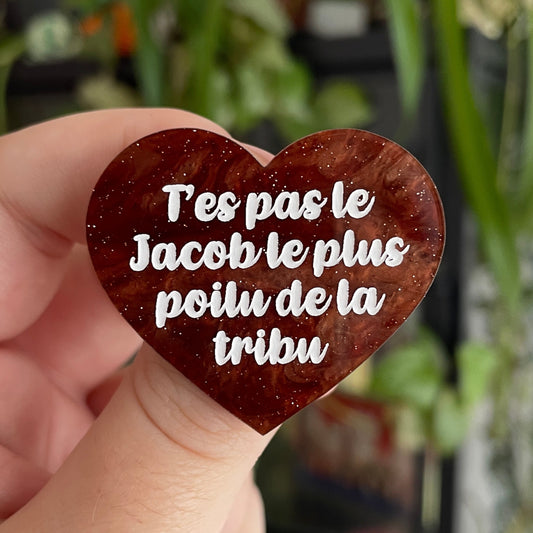 Broche "T'es pas le Jacob le plus poilu de la tribu" en acrylique marbrée marron à paillettes