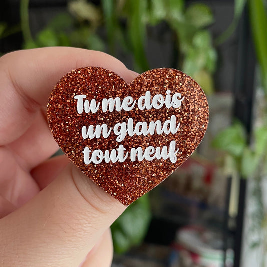 Broche "Tu me dois un gland tout neuf" en acrylique à confettis oranges