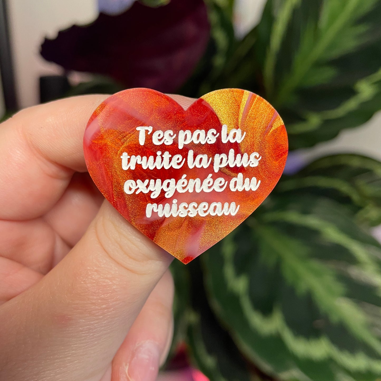 Broche "T'es pas la truite la plus oxygénée du ruisseau" en acrylique marbrée rouge, blanche et dorée