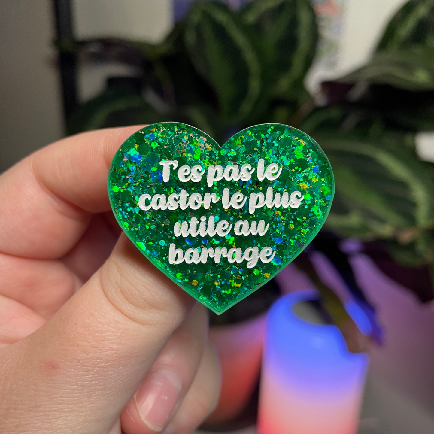 Broche "T'es pas le castor le plus utile au barrage" en acrylique à paillettes vertes