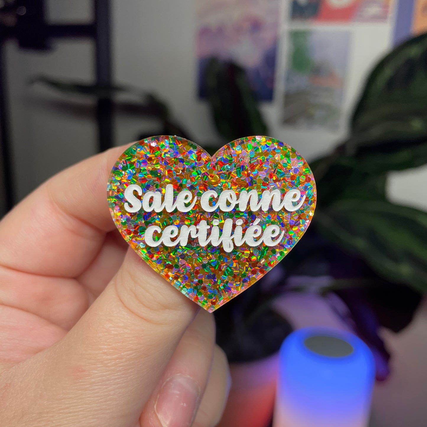 Broche "Sale conne certifiée" en acrylique semi transparente avec des pois multicolores