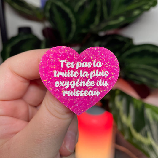 [CONTRÔLE TECHNIQUE] Broche "T'es pas la truite la plus oxygénée du ruisseau" en acrylique rose à paillettes