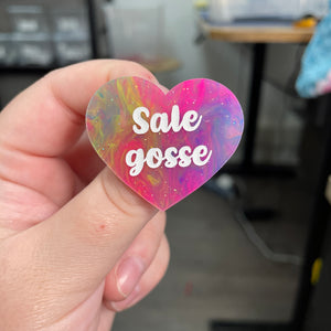 Broche "Sale gosse" en acrylique semi-transparente marbrée multicolore