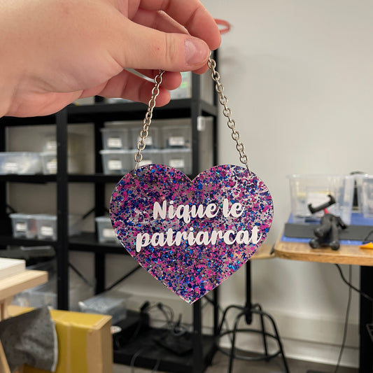 [CONTRÔLE TECHNIQUE] Mini murale "Nique le patriarcat" en acrylique transparente avec des pois bleus et roses