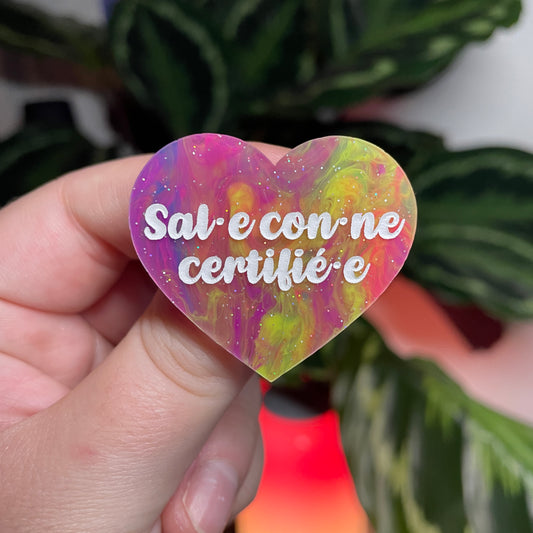[CONTRÔLE TECHNIQUE] Broche "Sal.e con.ne certifié.e" en acrylique semi transparente marbrée multicolore