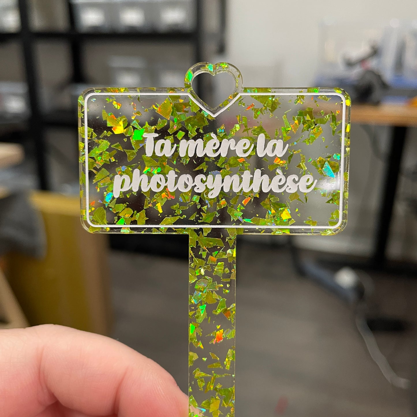 Pic à plante "Ta mère la photosynthèse" en acrylique transparente avec des éclats de confettis jaunes/verts