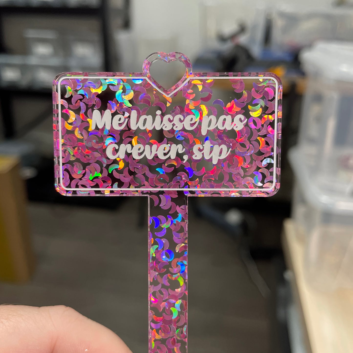 Pic à plante "Me laisse pas crever, stp" en acrylique transparente à confettis lunes roses iridescentes