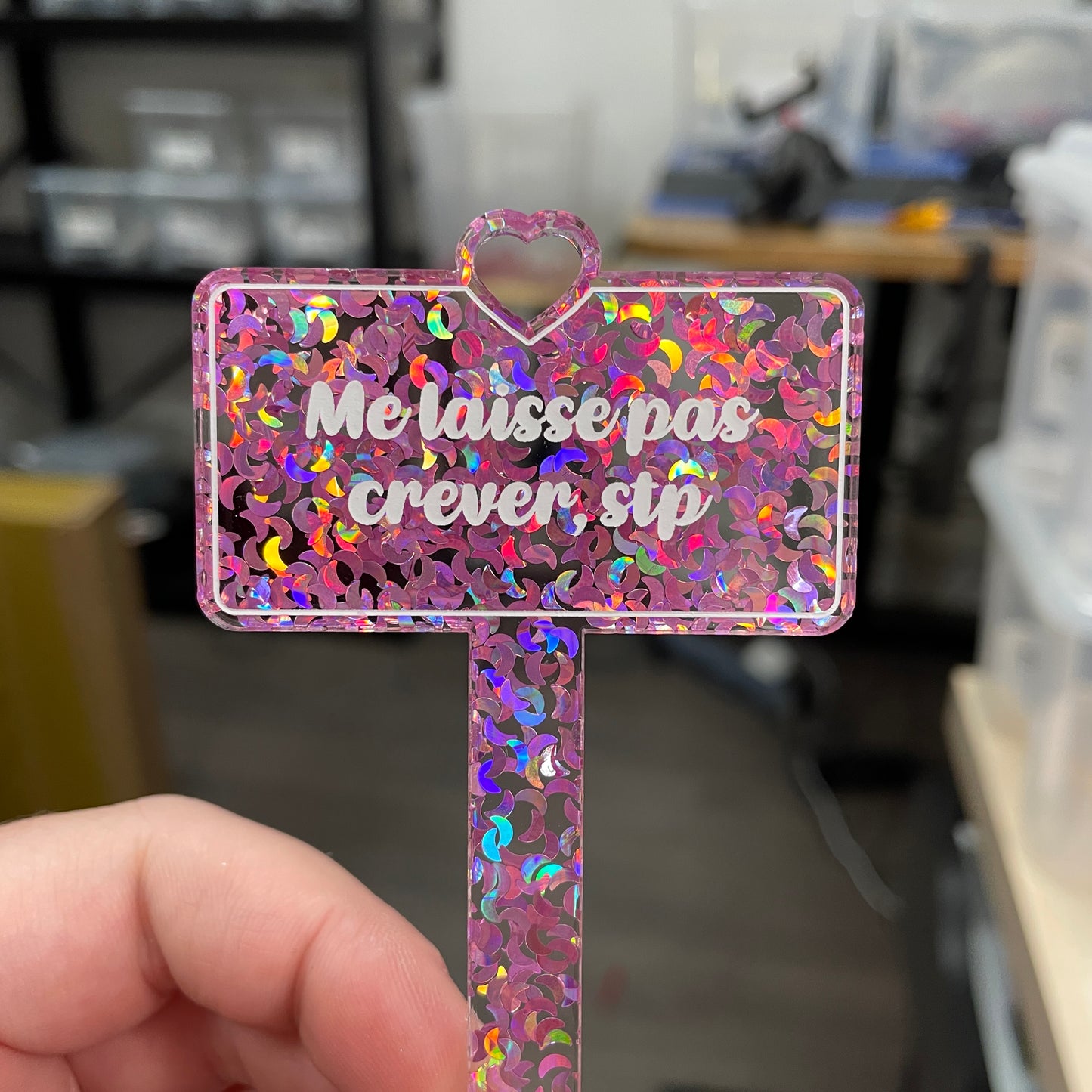 Pic à plante "Me laisse pas crever, stp" en acrylique transparente à confettis lunes roses iridescentes
