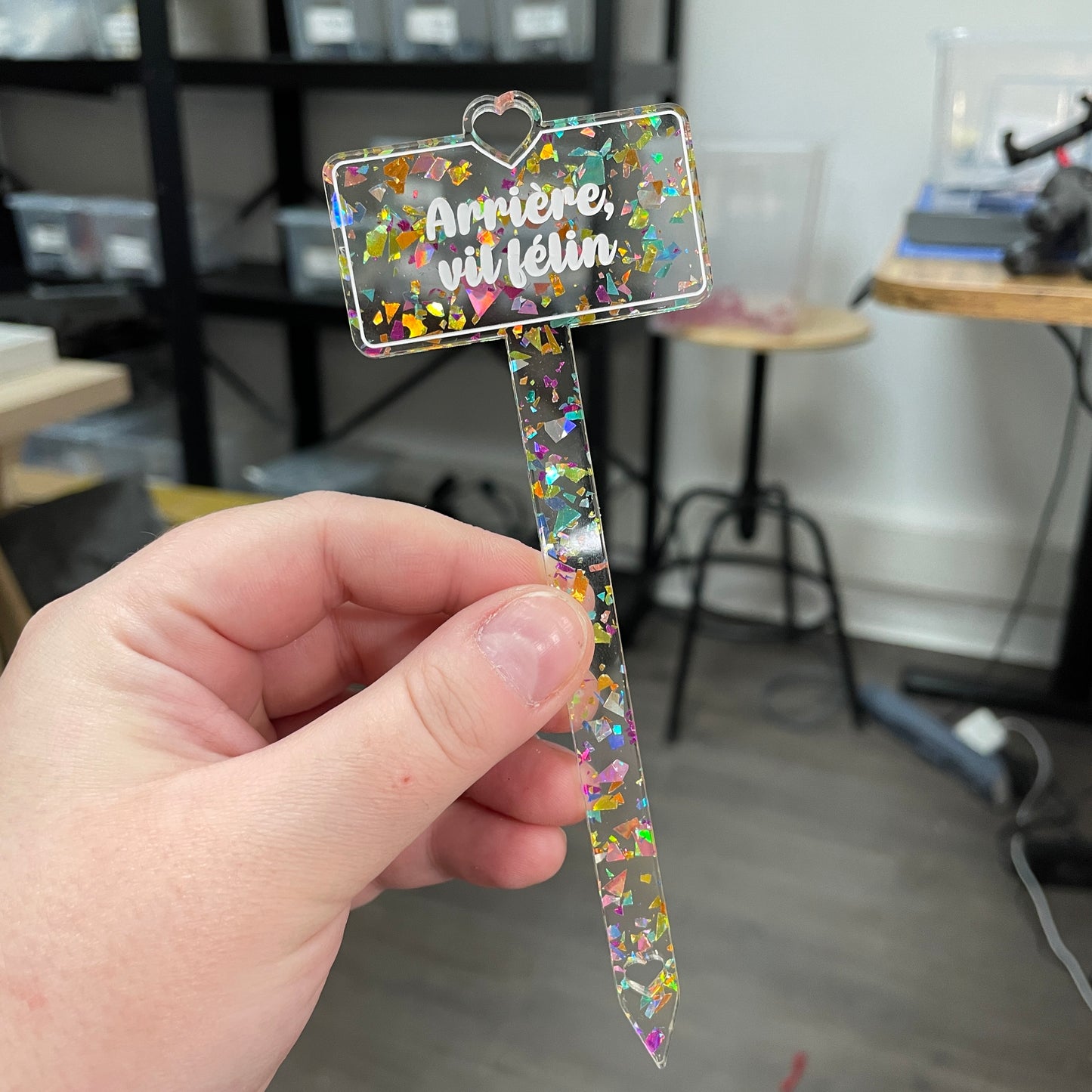 [CONTRÔLE TECHNIQUE] Pic à plante "Arrière, vil félin" en acrylique transparente avec des éclats de confettis multicolores