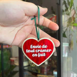 Mini décoration murale "Envie de tout cramer en fait" en acrylique marbrée rouge et bois