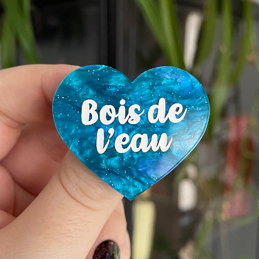 Broche "Bois de l'eau" en acrylique marbrée bleue à paillettes
