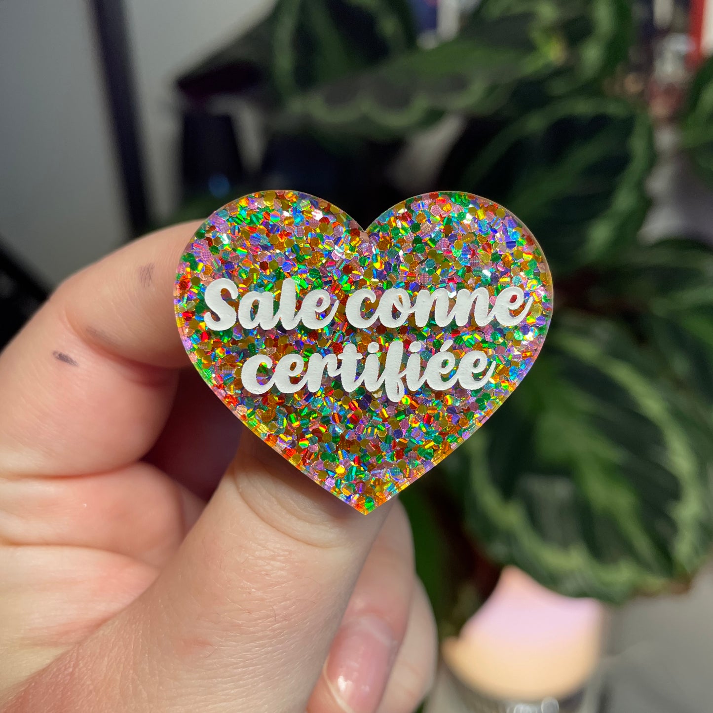 [Contrôle technique] Broche "Sale conne" en acrylique semi transparente avec des pois multicolores