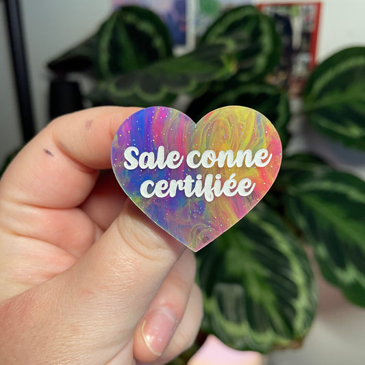 [CONTRÔLE TECHNIQUE] Broche "Sale conne" en acrylique semi transparente marbrée multicolore