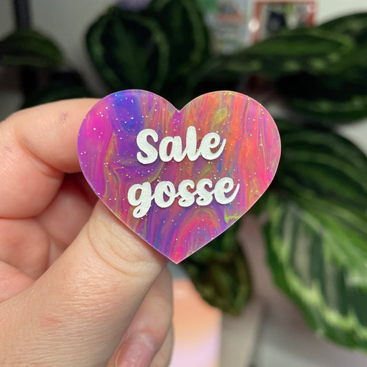 [Contrôle technique] Broche "Sale gosse" en acrylique marbrée multicolore