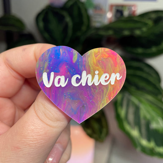 [Contrôle technique] Broche "Va chier" en acrylique marbrée multicolore