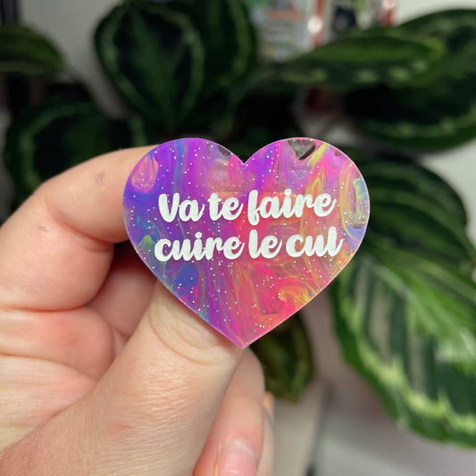 [Contrôle technique] Broche "Va te faire cuire le cul" en acrylique marbrée multicolore