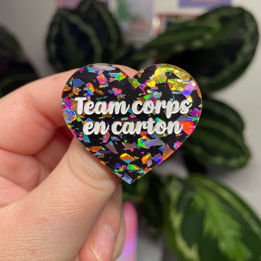 [Contrôle technique] Broche "Team corps en carton" en acrylique noire avec des éclats de confettis multicolores