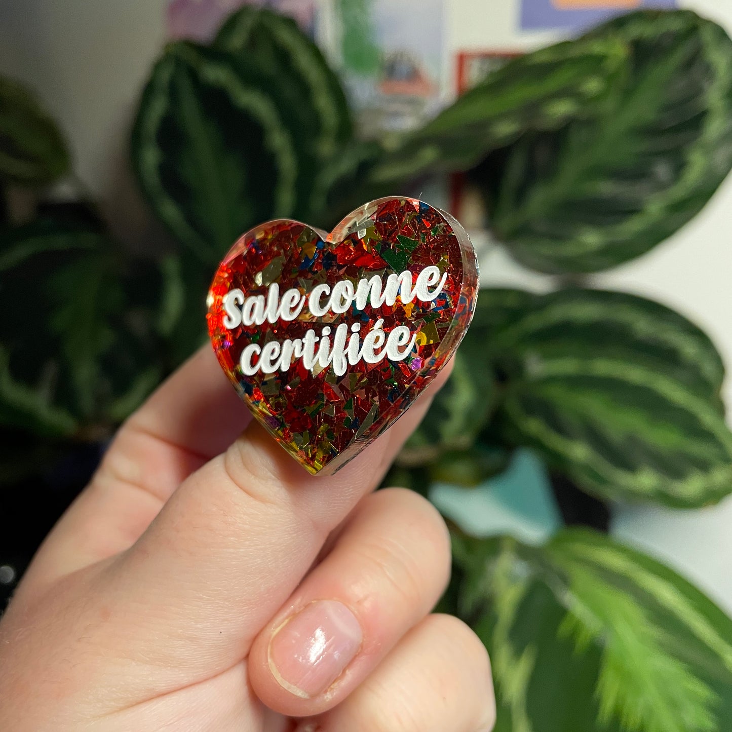 [Contrôle technique] Broche "Sale conne certifiée" en acrylique transparente avec des éclats de confettis rouges et multicolores