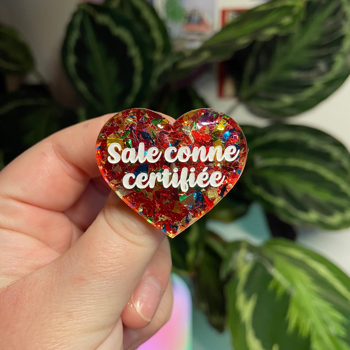 [Contrôle technique] Broche "Sale conne certifiée" en acrylique transparente avec des éclats de confettis rouges et multicolores