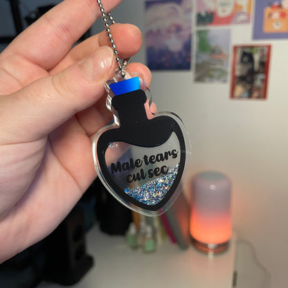 Porte-clés shaker bleu "Male tears cul sec"