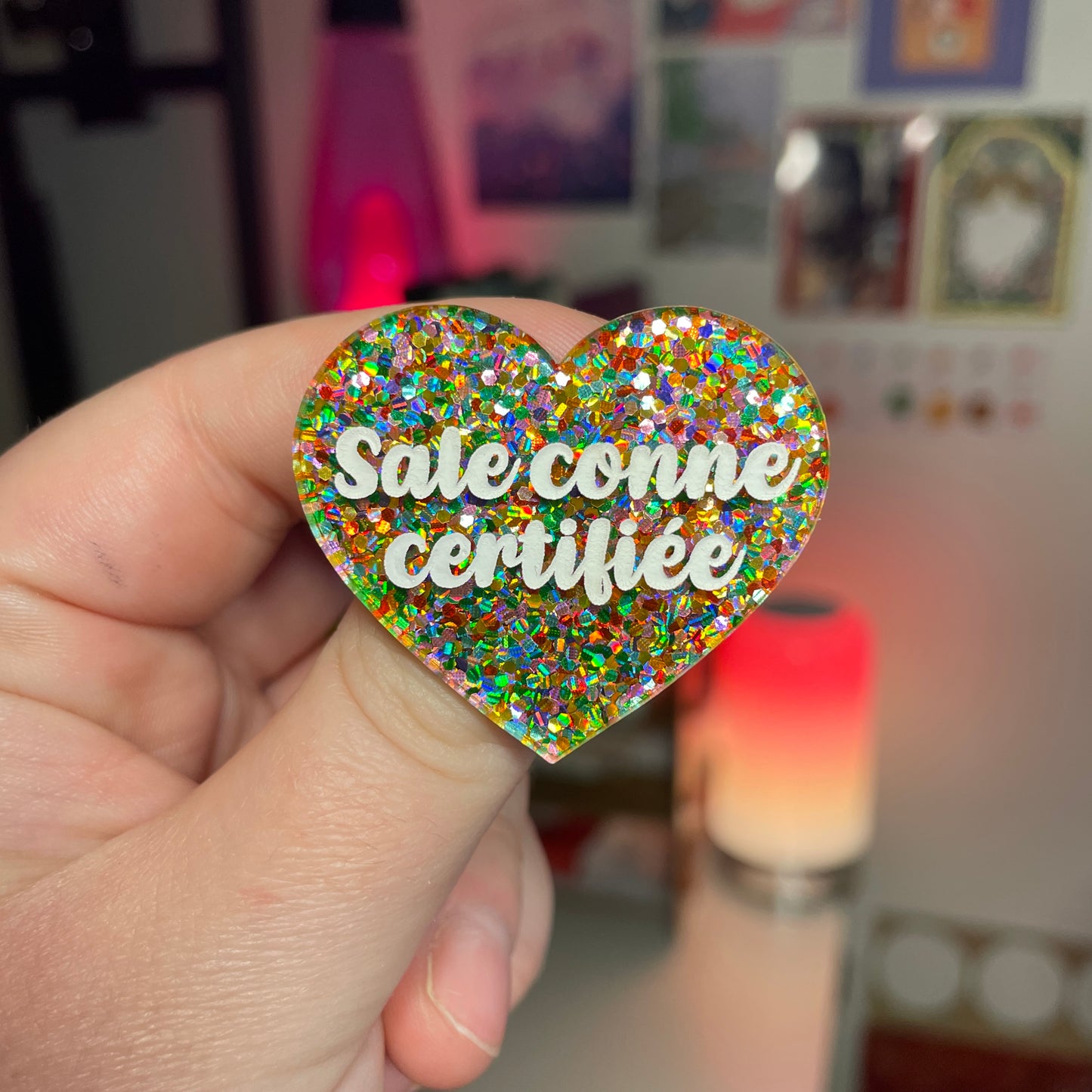 [Contrôle technique] Broche "Sale conne certifiée" en acrylique semi transparente avec des pois multicolores