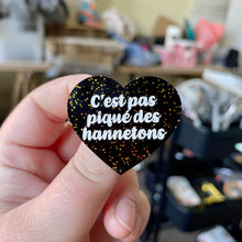 Charger l&#39;image dans la galerie, Broche &quot;C&#39;est pas piqué des hannetons&quot; en acrylique noire avec des paillettes dorées