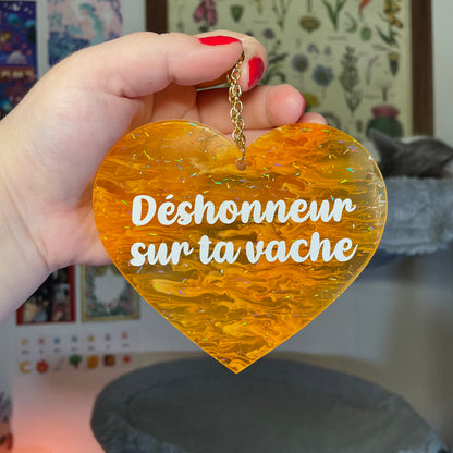 Mini murale "Déshonneur sur ta vache" en acrylique japonaise semi transparente marbrée orange