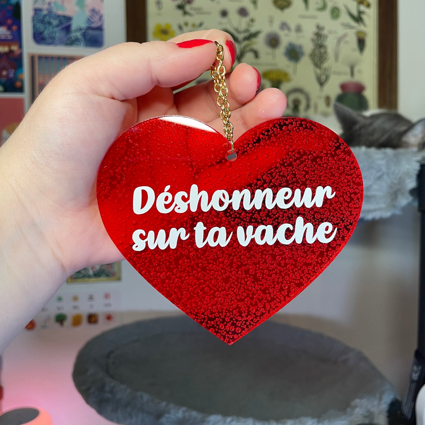 Mini murale "Déshonneur sur ta vache" en acrylique japonaise transparente rouge avec des bulles 🫧