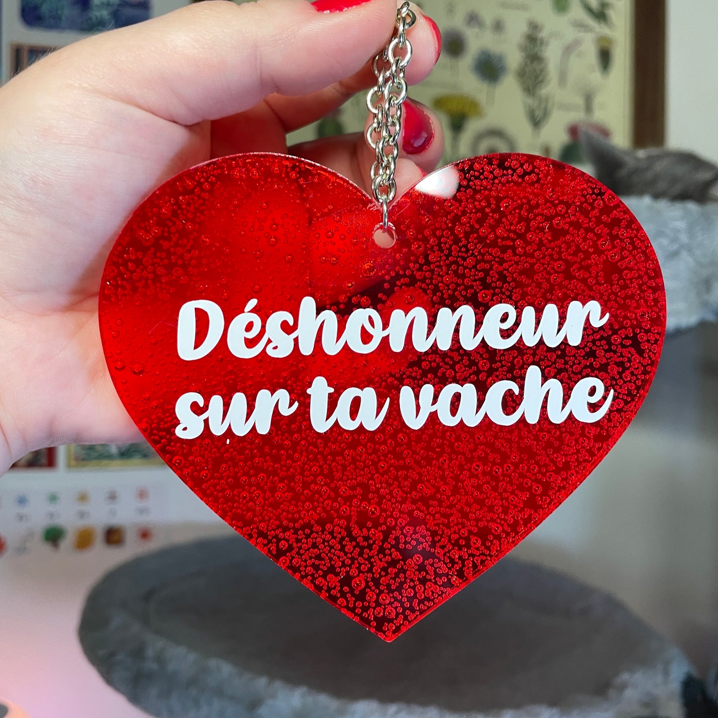 Mini murale "Déshonneur sur ta vache" en acrylique japonaise transparente rouge avec des bulles 🫧