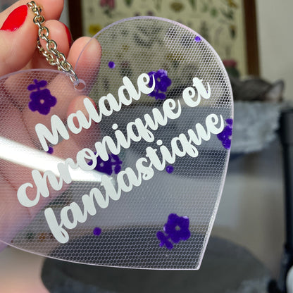 Mini murale "Malade chronique et fantastique" en acrylique japonaise transparente avec du tissu violet à fleurs