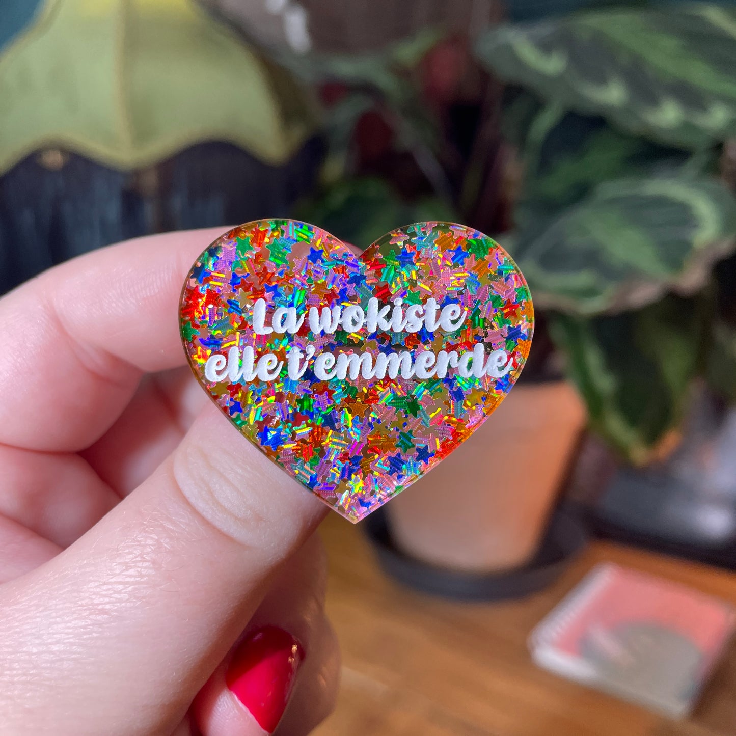 Broche "La wokiste elle t'emmerde" en acrylique semi transparente avec des étoiles multicolores