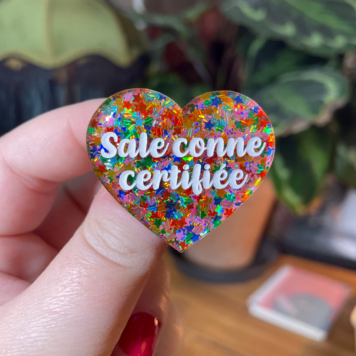 Broche "Sale conne certifiée" en acrylique semi transparente avec des étoiles multicolores